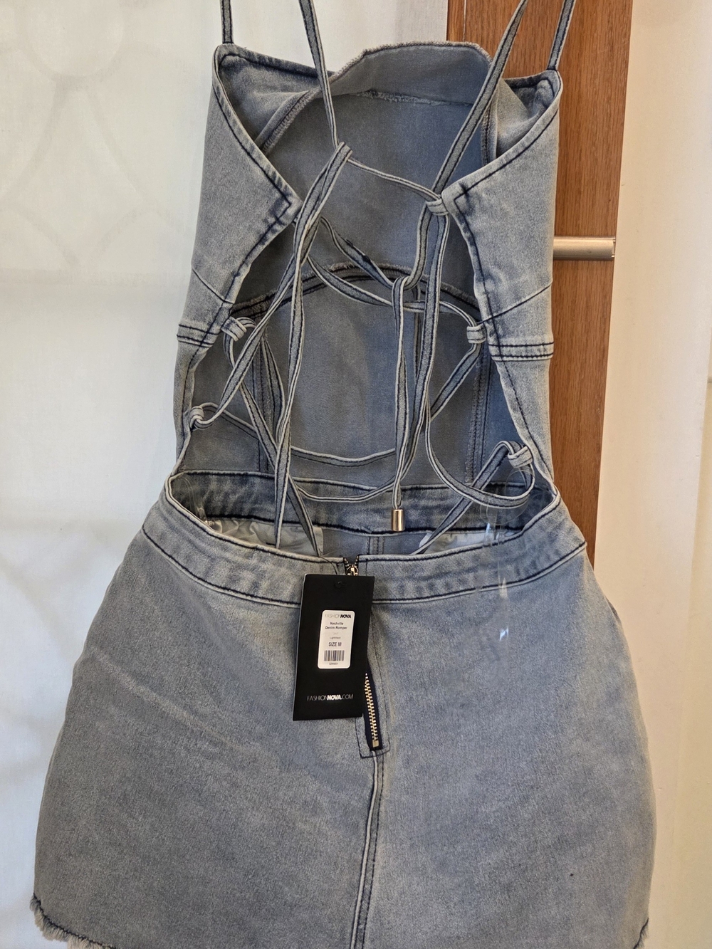 Fashion Nova Light Blue Denim Mini Skirt Dress with Tie-Back, US Size M